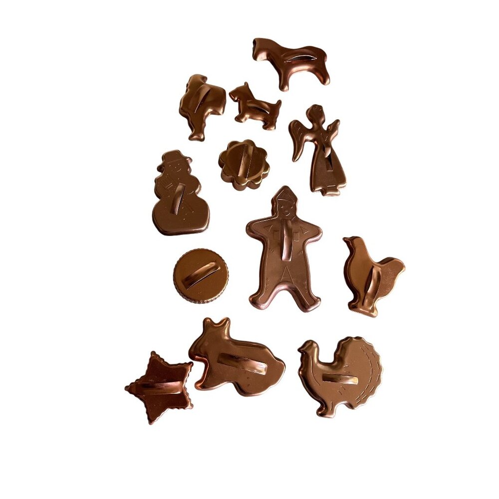 Vintage‎ Copper tone Cookie Cutters Set - 12 Piece Assorted Shapes Snowman Angel